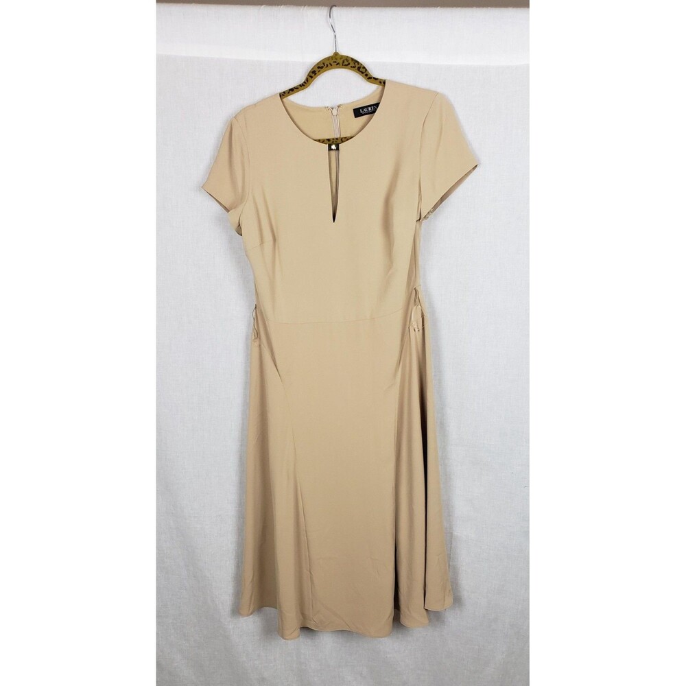 Lauren Ralph Lauren Dress 8 Tan‎ Short Sleeve Midi Keyhole Front Career Work NEW